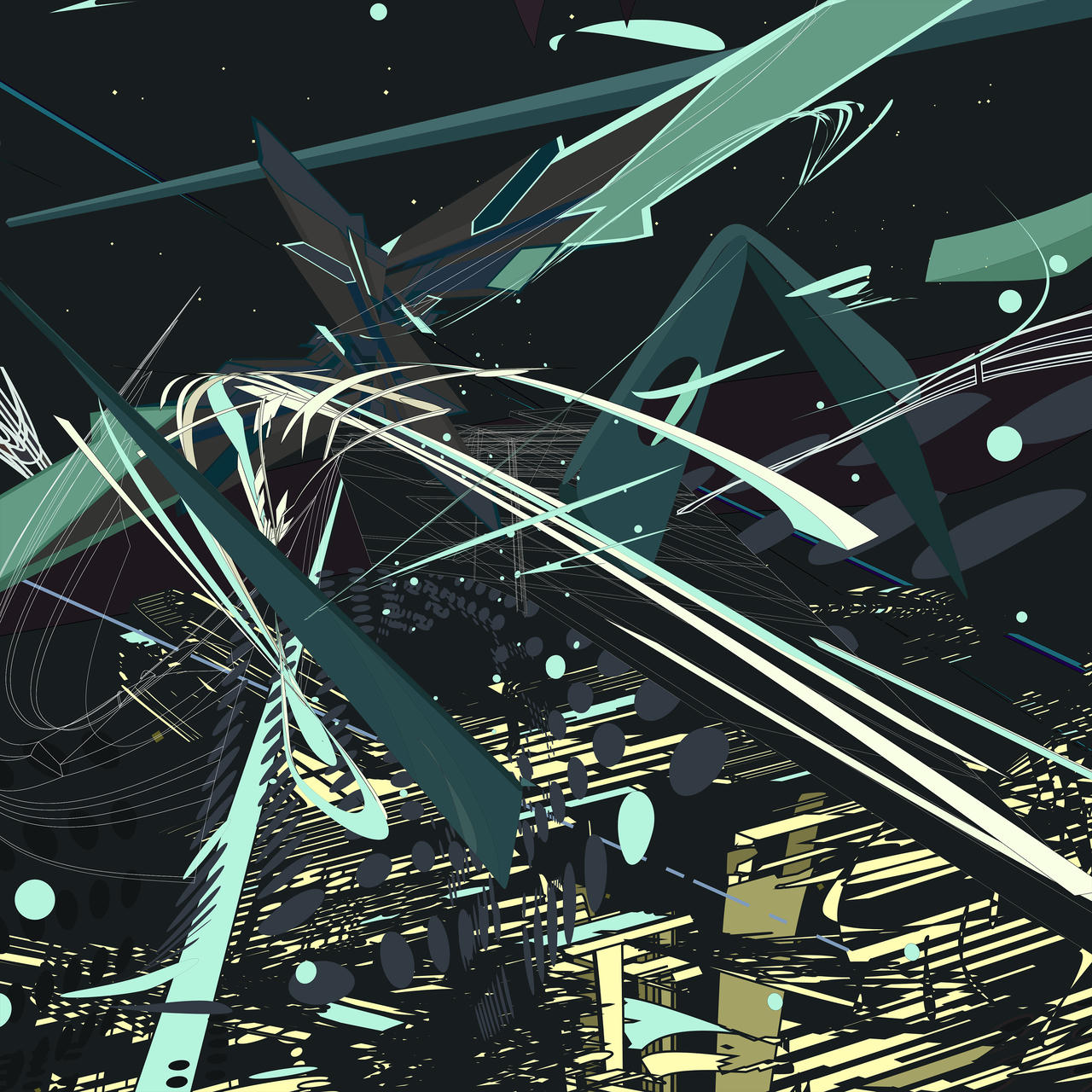 cybernetic swirls of green and yellow interfixed with nebulous line art. by robert voyvodic.